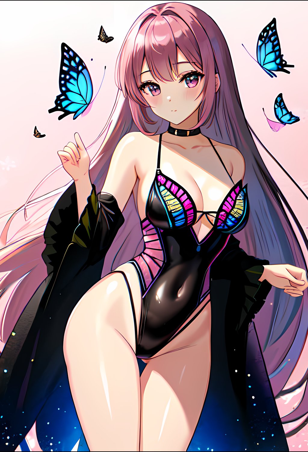 solo, girl, looking at viewer, half body, view from knees up, standing, standing straight, girl in full view, best quality, masterpiece, close up, black swimwear, pink hair, butterfly, swimwear, swim suit, one piece, hands behind back, hands hidden, <lora:Butterfly_clothing:2>  