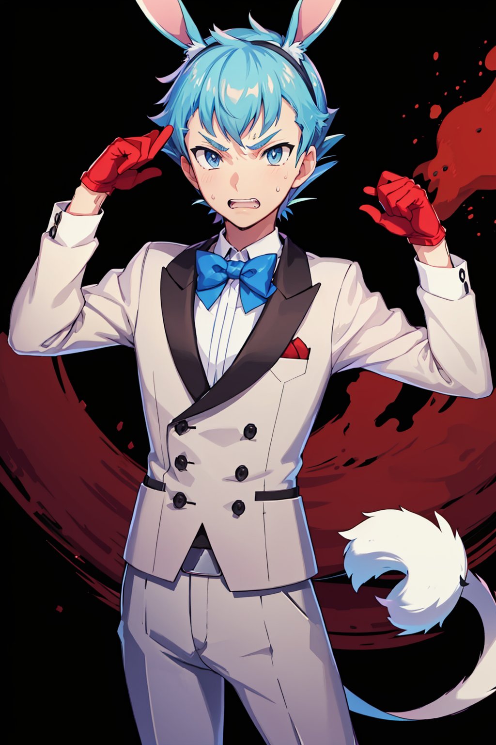 masterpiece,best quality, highly detailed, archer (pokemon),1boy, male focus, rabbit tail, bowtie, red gloves, clenched teeth, fake tail, solo, anger vein, sweatdrop,<lora:archer_(pokemon):1>