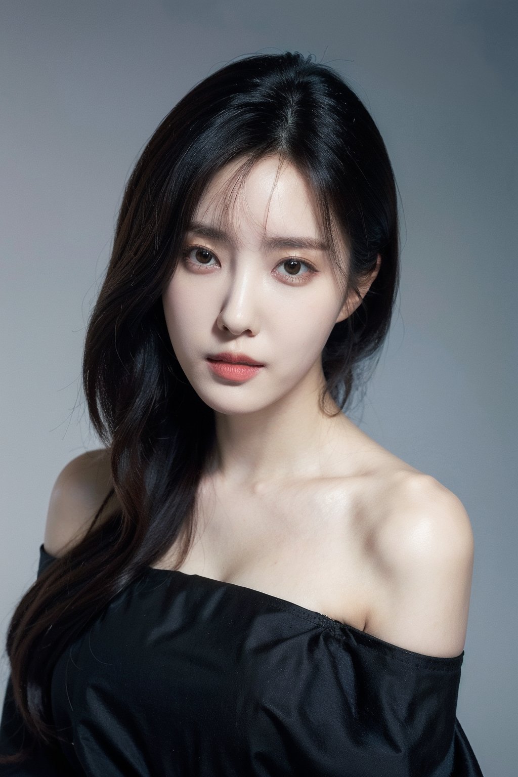 Best quality, masterpiece, ultra high res, (photorealistic:1.4), raw photo,1girl, solo, realistic, looking at viewer, upper body,simple background, black dress, off shoulder,  <lora:makina69_hyomin_v1.0:1>,  from front