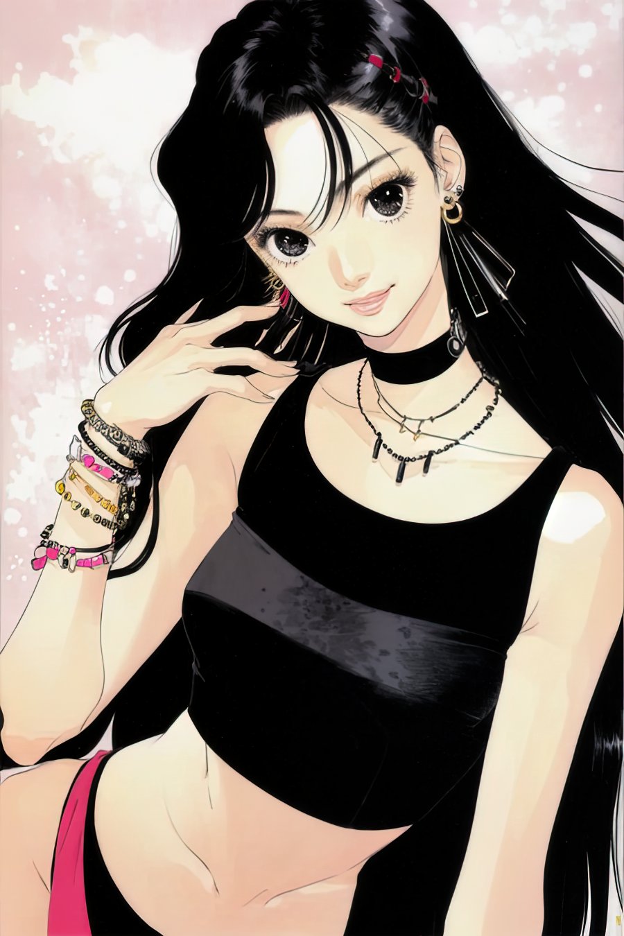 <lora:Inomata_Style:0.75> style by Mutsumi Inomata, 1girl, solo, long hair, smile, black hair, jewelry, upper body, earrings, choker, necklace, black eyes, bracelet, lips