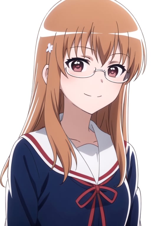 solo, 1girl, looking at viewer, 2D, anime, official style, anime coloring, anime screencap, upper body, (simple background, solid white background:1.3), <lora:benio-mikakunin-01:0.8>, benio yonomori, school uniform, glasses, hairclip, smile