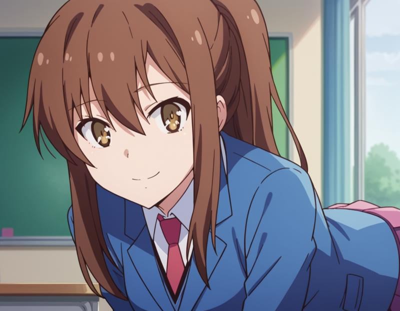 score_9, score_8_up, score_7_up, source_anime,nanamiaoyama, <lora:nanami-aoyama-s1-ponyxl-lora-nochekaiser:1>,nanami aoyama, long hair, bangs, brown hair, hair between eyes, brown eyes, ponytail, sidelocks,skirt, school uniform, jacket, pleated skirt, necktie, blazer,indoors, classroom, bent over, smile,looking at viewer, cowboy shot, solo, dutch angle