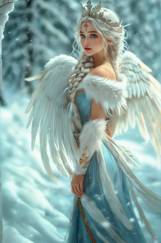 white wings,1girl,solo,wings,long hair,blue eyes,snow,dress,white hair,feathered wings,snowing,feathers,looking at viewer,white dress,bare shoulders,crown,braid,winter,blurry,standing,side slit,lips,angel wings,tiara,water,<lora:xltk:0.8>,