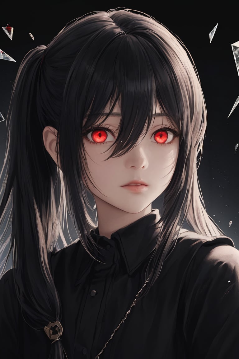 (masterpiece, best quality, ultra-detailed, best shadow), (detailed background,dark fantasy), (beautiful detailed face), high contrast, (best illumination, an extremely delicate and beautiful), ((cinematic light)), colorful, hyper detail, dramatic light, intricate details, (1 girl, solo,black hair, sharp face,low twintails,red eyes, hair between eyes,dynamic angle), blood splatter, swirling black light around the character, depth of field,black light particles,(broken glass),magic circle,