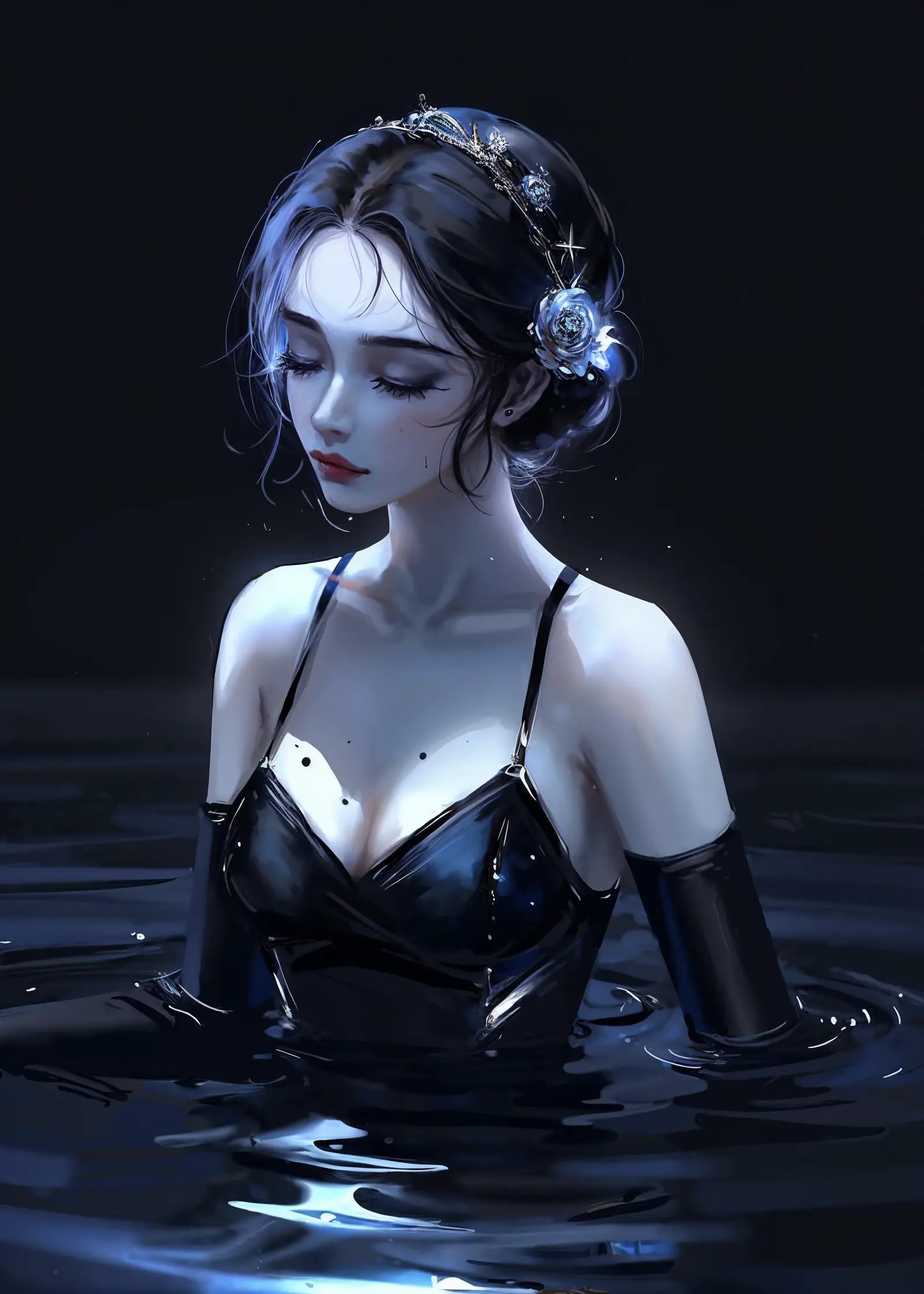 by nixeu, 1girl, dress, breasts, solo, gloves, black dress, elbow gloves, hair ornament, mole, mole on breast, black gloves, black hair, water, bare shoulders, partially submerged, short hair, closed eyes, medium breasts, collarbone, eyelashes, cleavage, closed mouth, lips, pale skin, bangs