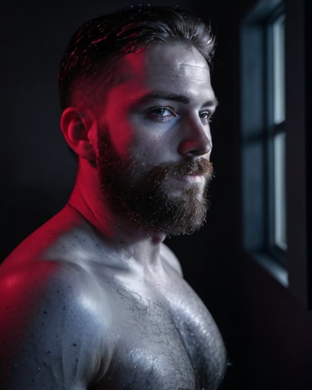 <lora:Studio_lighting:1> Studio lighting, low saturation, red and blue lighting, grey background, 1boy Photo of a man, close up portrait, dark shower, nude, hairy chest, windows, close up portrait, high detail, realistic, high detail, 8k, (Masterpiece, high quality:1.3), masterpiece, depth of field, bokeh, detailed, homoerotic, (homoerotic), highly detailed, sharp focus, intricate, smooth, elegant, fantasy, masterpiece, matte, photorealistic, 4k, beautiful,