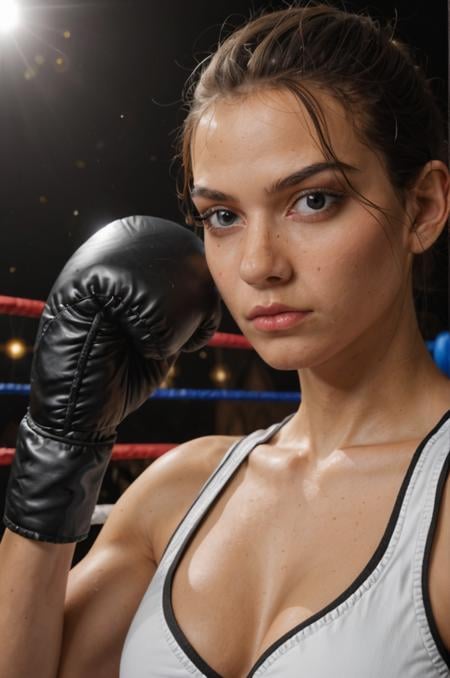 portrait photo of egyptian Female, (Boxing gloves), serious, stoic, cinematic, 4k epic detailed, shot on kodak, bokeh, dark moody, close-up, (freckles:0.5)