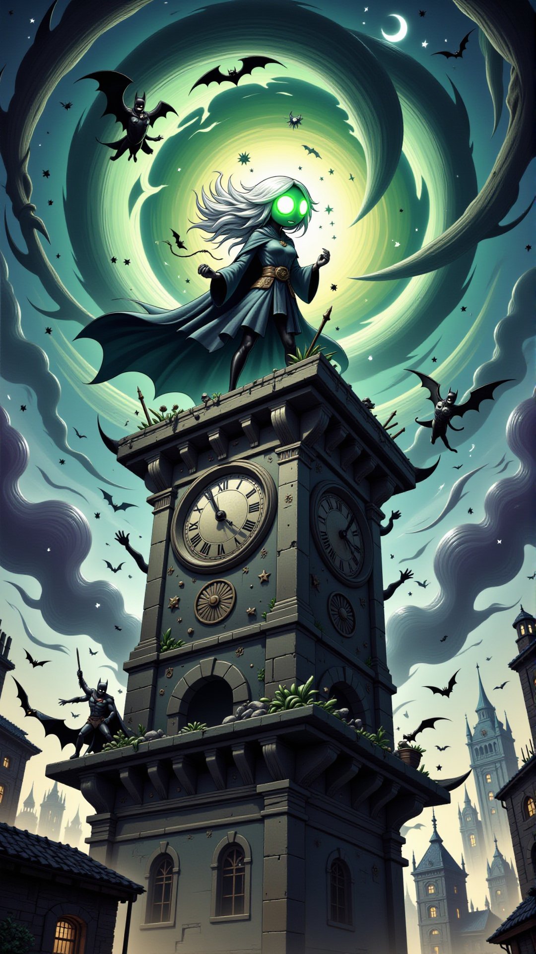 A mystical sorceress, Zorvatha, stands atop a crumbling clock tower in a perpetually twilight Gotham City, her eyes blazing with emerald energy as she summons a swirling vortex of chronal chaos. Her flowing white hair and tattered black cape billow in the maelstrom, while the faint silhouettes of Batman's iconic cowl and the Joker's maniacal grin lurk in the shadows, hinting at a battle that will shatter the fabric of time itself.