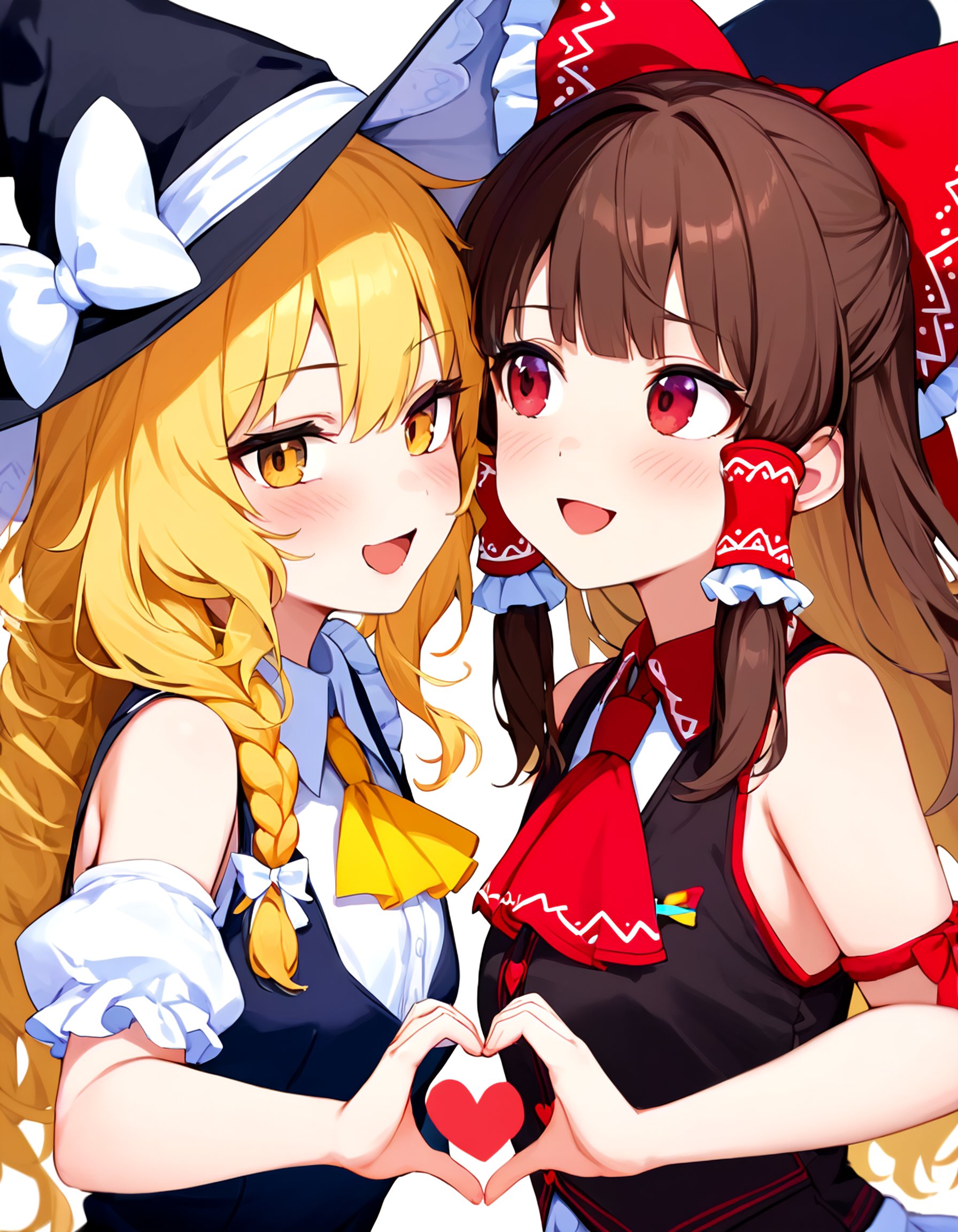 best quality, masterpiece, absurdres, fashion, hakurei reimu, kirisame marisa, long hair, blush, smile, open mouth, shirt, blonde hair, multiple girls, brown hair, red eyes, hat, bow, 2girls, bare shoulders, upper body, yellow eyes, braid, short sleeves, heart, hair bow, frills, one eye closed, detached sleeves, puffy sleeves, looking at another, yuri, vest, red bow, puffy short sleeves, black headwear, ascot, single braid, witch hat, hair tubes, white bow, hat bow, ribbon trim, side braid, black vest, ribbon-trimmed sleeves, ;\), yellow ascot, heart hands, frilled bow, frilled hair tubes, heart hands duo, 