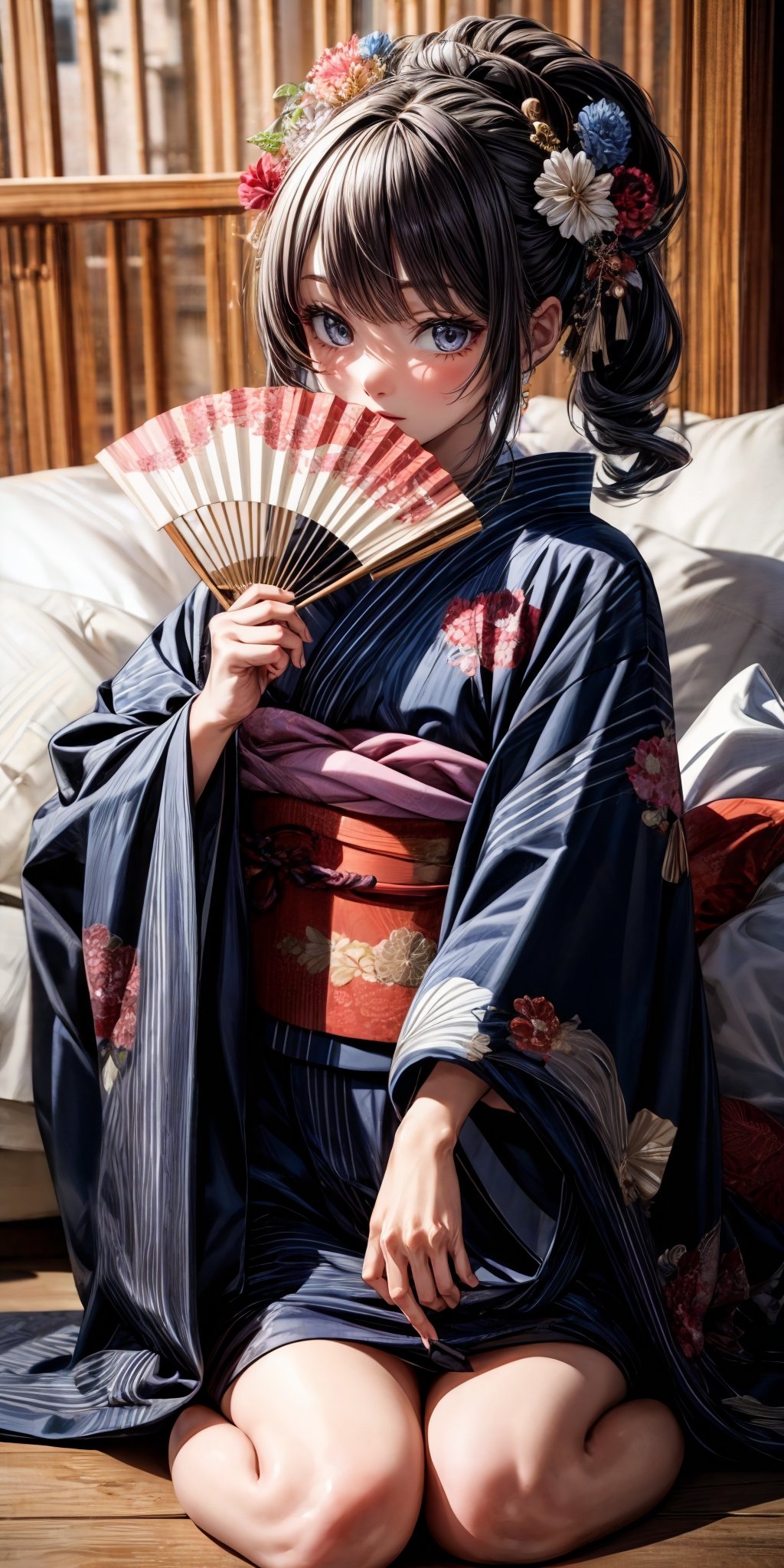 (masterpiece,ultra-detailed,best quality,8K,illustration,shaved:1.2),(petite girl:1.0) <lora:add_detail:1.5> ,  <lora:sensu pose:0.6> sensu pose, folding fan, 1girl, kimono