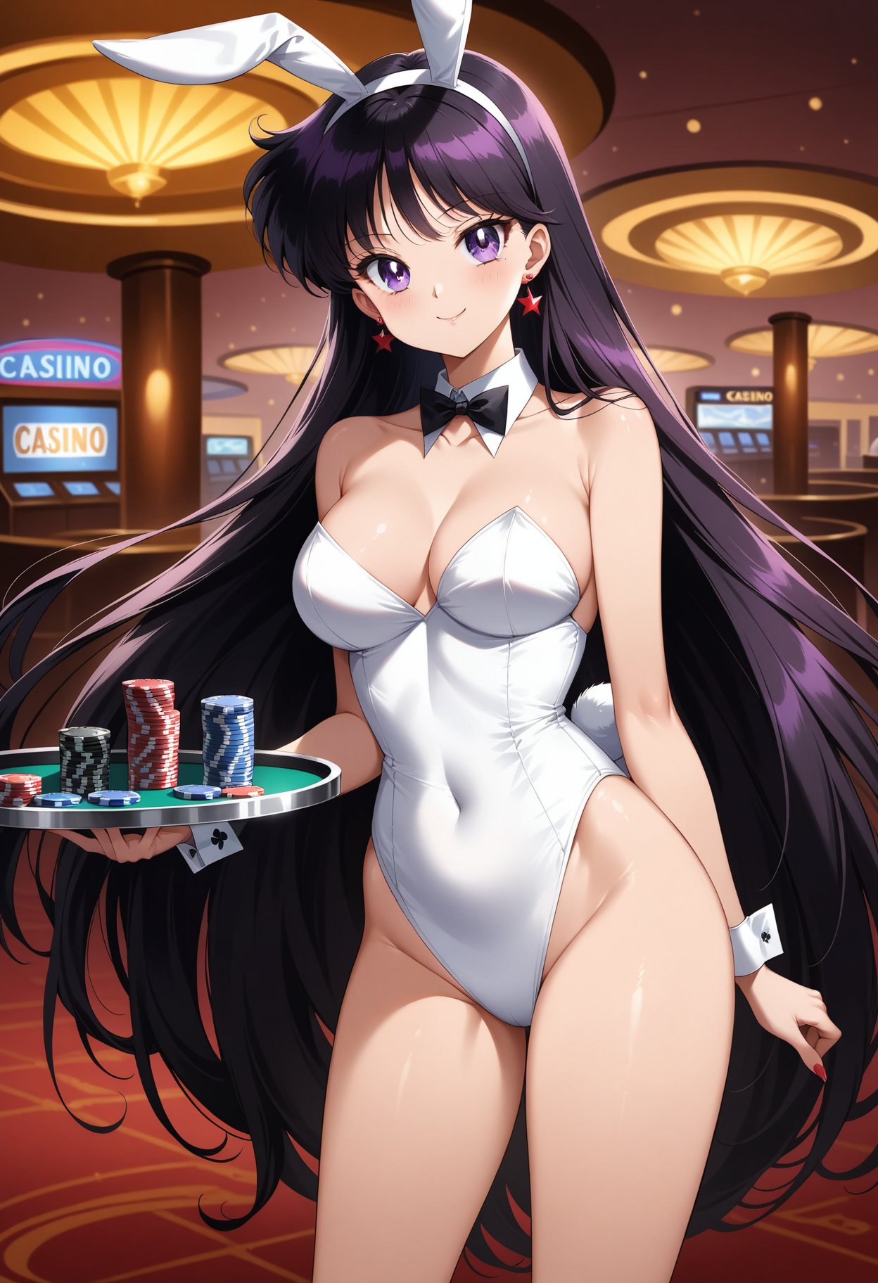 (masterpiece, best quality, very aesthetic, ultra detailed), intricate details, 4k, aamars, long hair, black hair, earrings, <lora:sailor_mars_animaginexl_v1:0.9>, playboy bunny, strapless, bare shoulders, casino, standing, cowboy shot, holding tray, smile, poker chip,