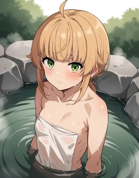 score_9, score_8_up, score_7_up, source_anime,norngreyrat, <lora:norn-greyrat-s2-ponyxl-lora-nochekaiser:1>,norn greyrat, bangs, blonde hair, green eyes, ahoge,nude, naked, small breasts,outdoors, onsen, towel, naked towel, steam, bathing, nude cover, partially submerged, water, bath, steam censor, wet towel, blush,solo, dutch angle, looking at viewer, cowboy shot,