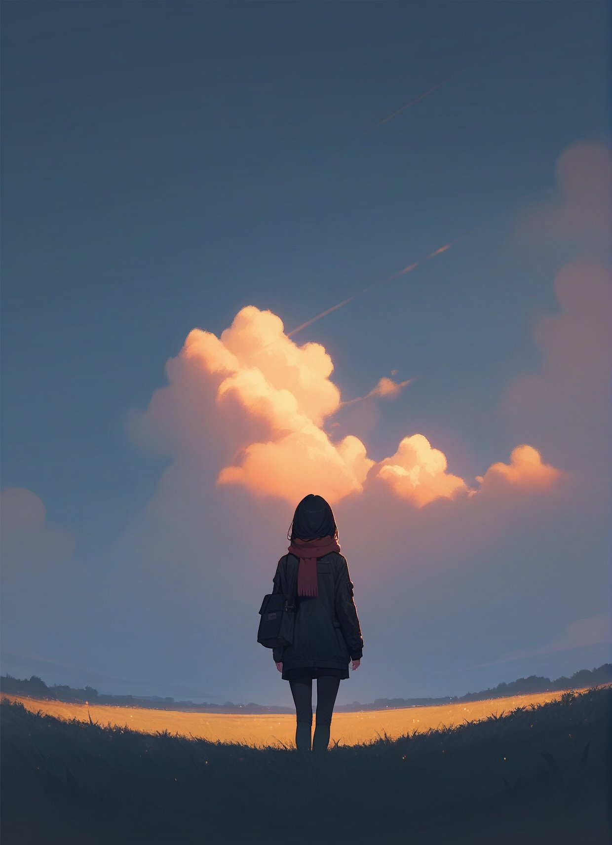 score_9,score_8_up,score_7_up,1girl,solo,sky,cloud,outdoors,scenery,black hair,grass,from behind,long hair,standing,cloudy sky,dark,hood,sunset,bag,jacket,night,scarf,long sleeves,facing away,