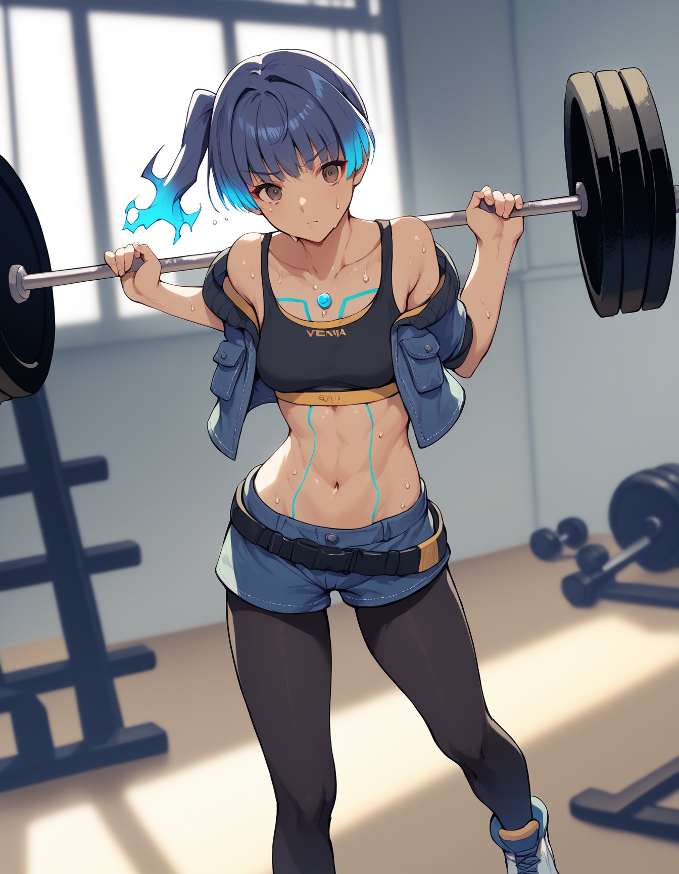 score_9, score_8, score_7, source_anime,<lora:xb3-ponyxl-000003:1>1girl,sena, blue hair, black sports bra, chest jewel, crop top, leggings, navel, shorts, shoulder strap,sweat, exercise, gym, science fiction