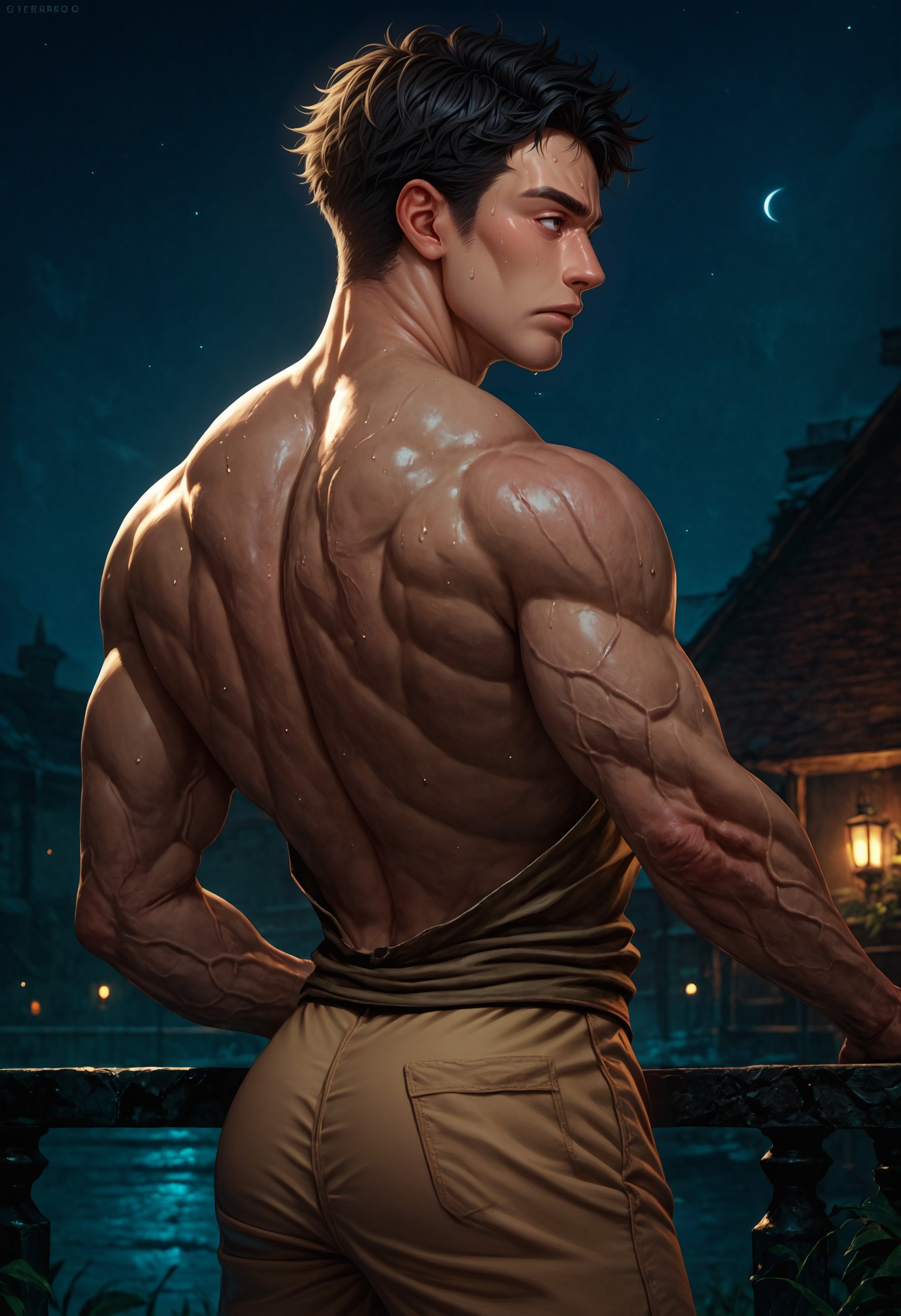 score_9, score_8_up, score_7_up, detailed, 1boy, solo, muscular, from behind, upper body, muscular back, black hair, short hair, looking to the side, night, dark enviroment, cinematic, veins, sweat