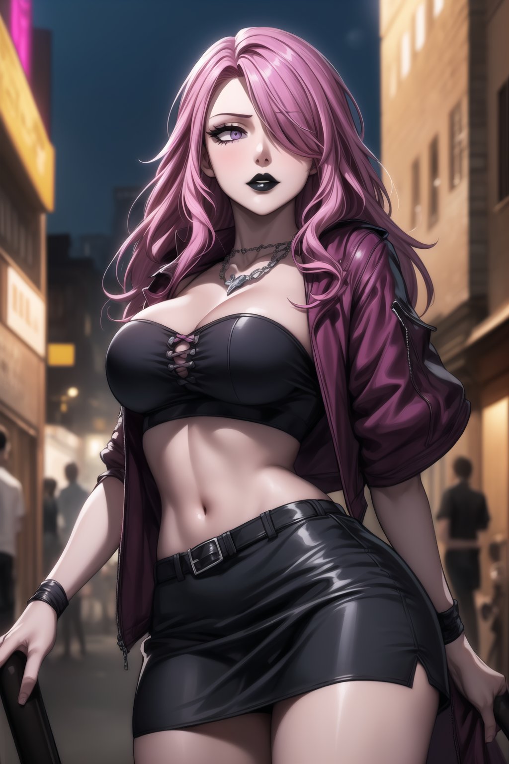 ((best quality)), ((highly detailed)), masterpiece, ((official art)), detailed face, beautiful face, (detailed eyes, deep eyes), seductive posing, (cowboy shot),Vanessa, purple eyes,, (sexy:1.3), (long straight pink hair, dark pink hair, long straight hair, hair covering one eye:1.5), long straight hair:1.3,(makeup, black lips:1.3),(  pale white skin, very white skin, goth, long eyelashes, medium to big breasts, black necklace, black fishnet shirt, black tube top, black fishnet shirt over black tube top, black skirt, city street, nighttime)), intricately detailed, hyperdetailed, blurry background, depth of field, best quality, masterpiece, intricate details, tonemapping, sharp focus, hyper detailed, trending on Artstation, 1 girl, high res, official art, ,secre,Vanessa,black lips<lora:EMS-93-EMS:0.600000>, <lora:EMS-31593-EMS:0.200000>, <lora:EMS-28161-EMS:0.300000>, <lora:EMS-401523-EMS:0.800000>, <lora:EMS-263815-EMS:0.500000>