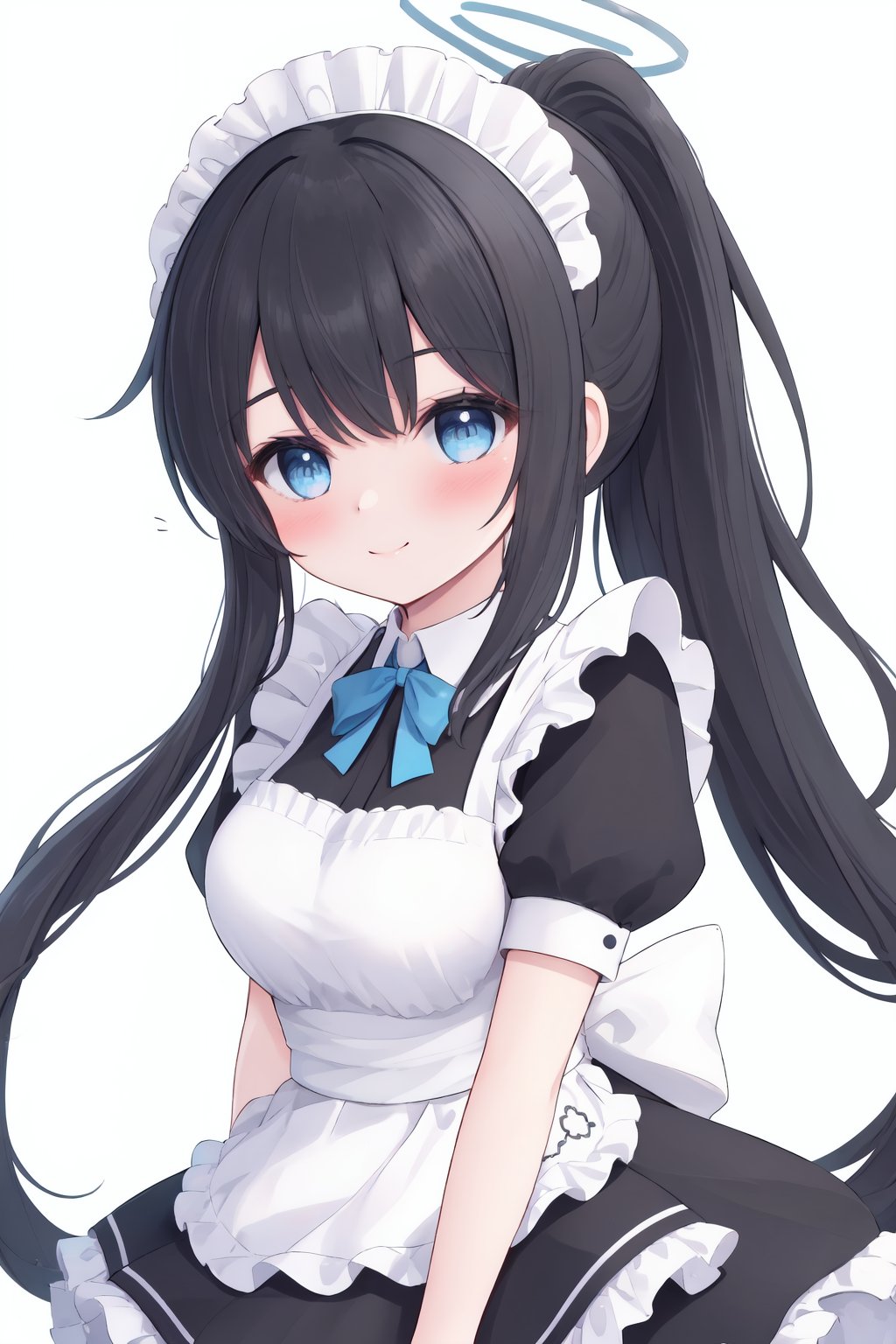 1girl, long hair, solo, maid, blue eyes, apron, halo, aris (blue archive), maid headdress, black hair, maid apron, simple background, very long hair, smile, alternate costume, ponytail, looking at viewer, broom, dress, enmaided, frills, white background, alternate hairstyle, cropped legs, blush, frilled apron, short sleeves, white apron, black dress