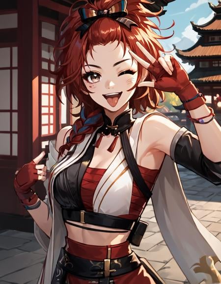 score_9, score_8_up, score_7_up, ch1x1a,rating_safe,source_anime,solo, tongue, wink, smile,open mouth, looking at viewer, one eye closed, e v sign, official_costume, fantasy background, east asian architecture, <lora:Chixia_Wuthering_waves_v2:0.9>