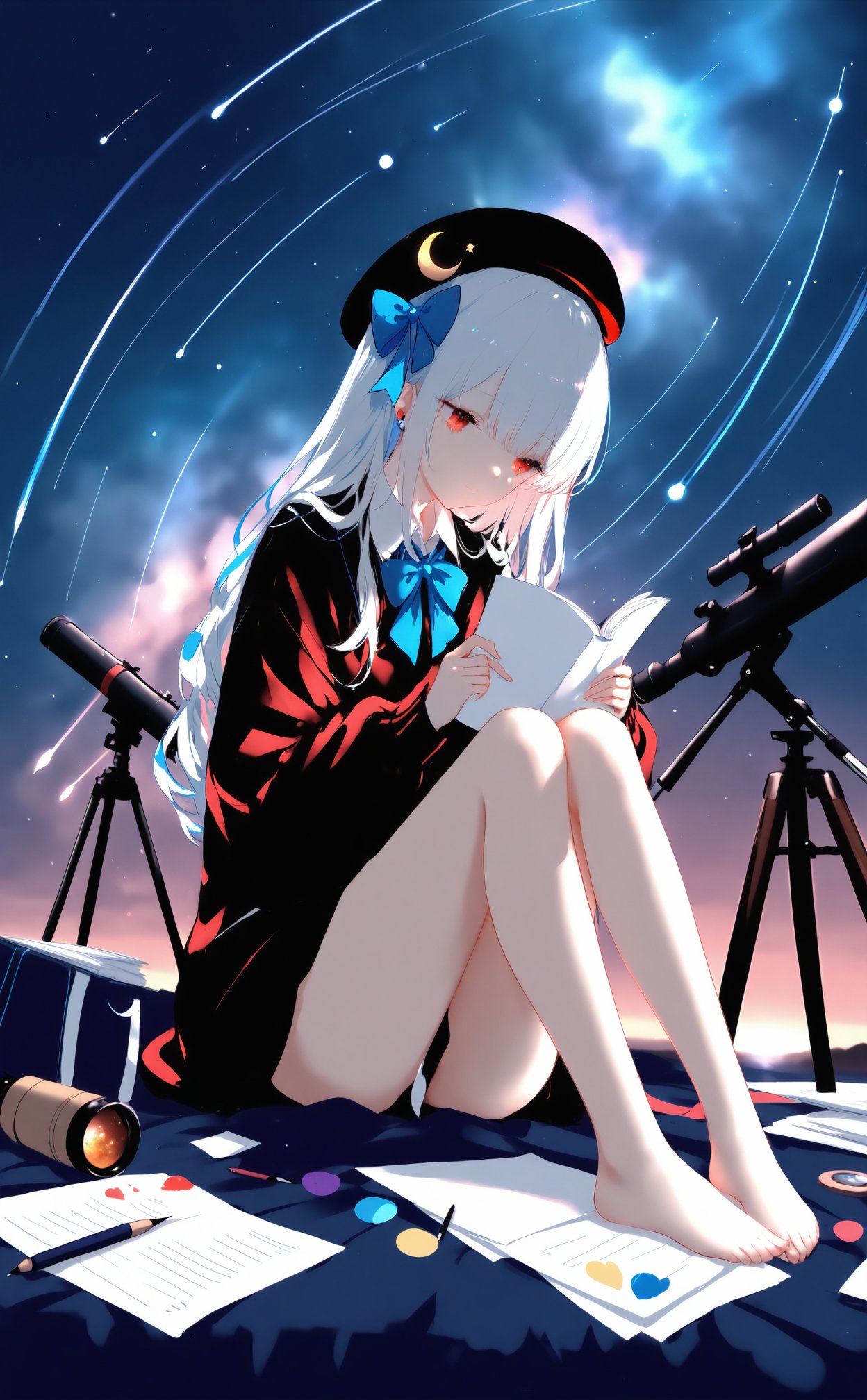 masterpiece,best quality,high quality,(colorful),nai3 Style,loli,[Artist wlop],[[Artist sheya]],Artist hiten_(hitenkei),nai3 Style,loli,1girl,solo,telescope,red eyes,barefoot,white hair,long hair,shirt,star \(sky\),white shirt,holding,sitting,hat,night,sky,starry sky,night sky,shooting star,long sleeves,earphones,meteor shower,cup,bow,bare legs,knees up,book,paper,constellation,moon,blue bow,palette \(object\),bowtie,black headwear,beret,feet,toes,thighs,collared shirt,closed mouth,heart,crescent moon,paintbrush,blue bowtie,camera,pen,legs,pencil,envelope,no pants,