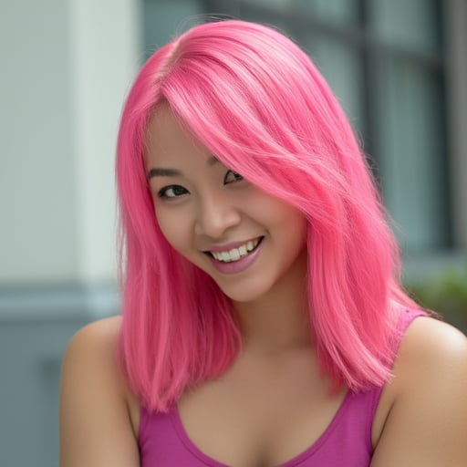 An analog photograph of an athletic 31-year-old Asian woman with neon pink hair standing outdoors in front of a building. The woman is smiling broadly.