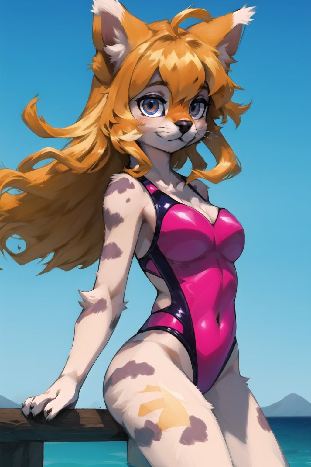 masterpiece, best quality, looking at viewer, soumao,servalcatfurry cat girl,blonde,long hair,beatch,swimsuit,  <lora:servalcat:0.6>