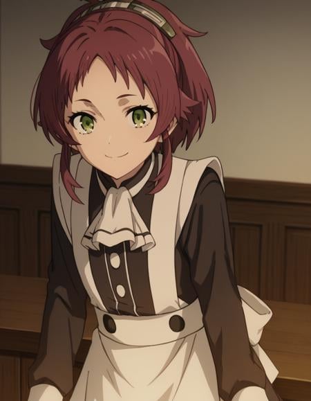 score_9, score_8_up, score_7_up, source_anime,aishagreyrat, <lora:aisha-greyrat-s2-ponyxl-lora-nochekaiser:1>,aisha greyrat, green eyes, ponytail, red hair,long sleeves, apron, maid, ascot, white apron, white ascot,indoors, bent over, smile,solo, dutch angle, looking at viewer, cowboy shot,