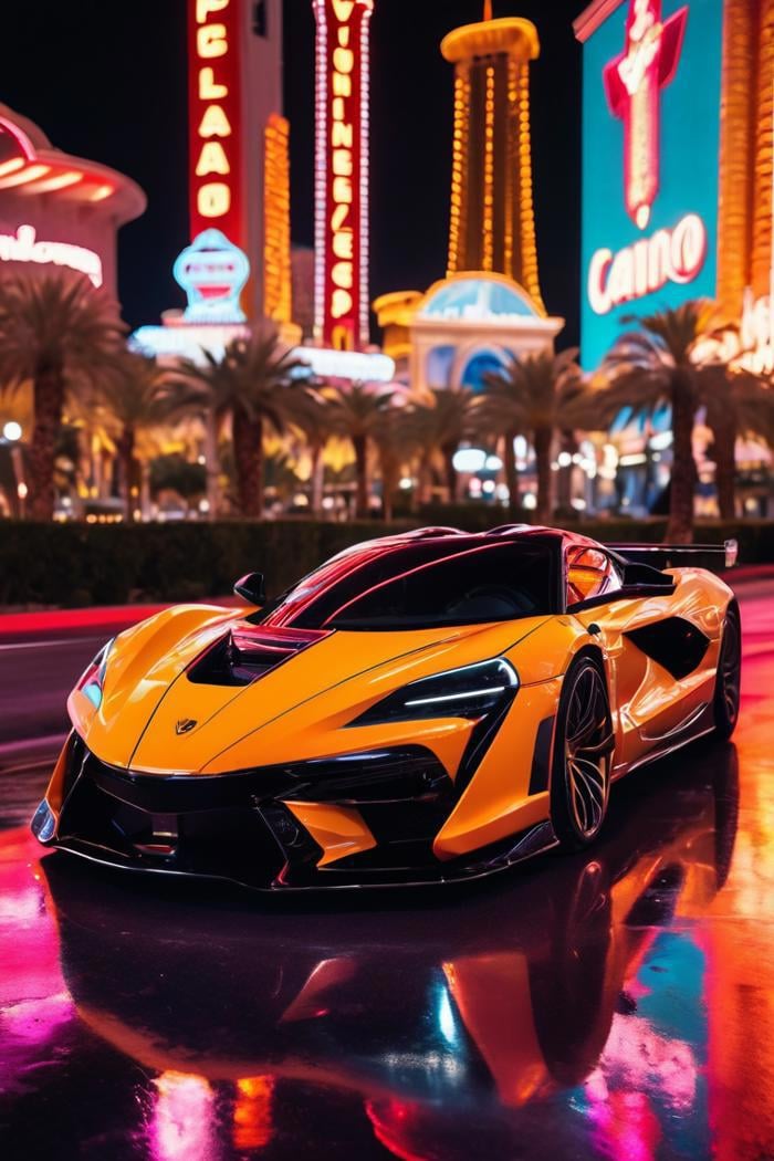 A (gleaming supercar:1.3), (neon-lit Strip:1.2) of Las Vegas, (vibrant nightlife:1.1), reflection of city lights on polished hood, (sleek aerodynamics:1.2), high-performance luxury, the essence of speed, (sin city's opulence:1.1), sharp contrast under (city lights:1.2), Canon EOS R5, 1/125s, f/2.8, ISO 100, high-octane elegance, pristine composition, RAW capture, professional photography,