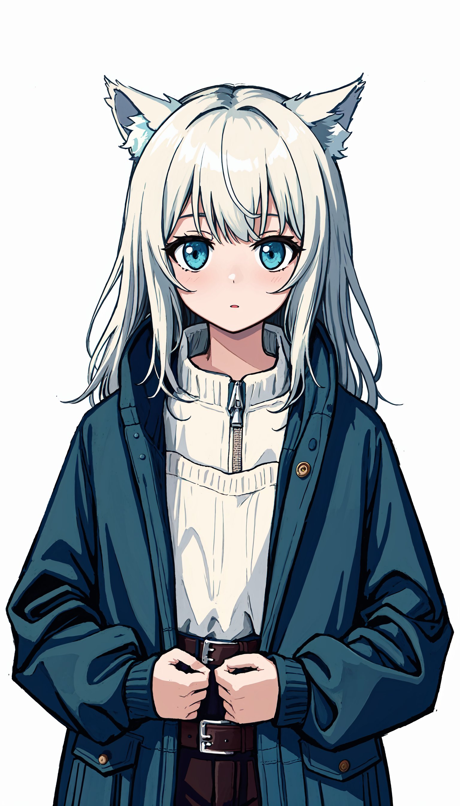 1girl, solo, white hair, belt, long sleeves, long hair, bangs,Shirt,sweater,long windbreaker, upper body, looking at viewer, cowboy shot,(cat_ears),