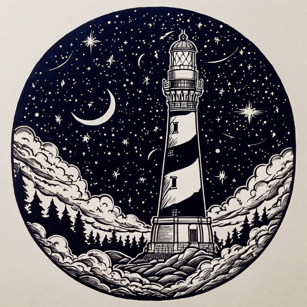 <lora:MinTattooXL-000034:1>, drawing of a minimalist landscape tattoo, cloud, night sky, scenery, starry sky, mountain, crescent moon, lighthouse, circle