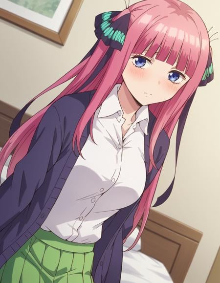 score_9, score_8_up, score_7_up, source_anime,ninonakano, <lora:nino-nakano-s1-ponyxl-lora-nochekaiser:1>,nino nakano, long hair, bangs, blue eyes, hair ornament, hair ribbon, pink hair, blunt bangs, two side up, butterfly hair ornament, mature female,skirt, shirt, long sleeves, white shirt, pleated skirt, open clothes, collared shirt, sleeves past wrists, dress shirt, cardigan, green skirt, open cardigan, black cardigan,indoors, bed, bed room, on side, blush, drunk,looking at viewer, cowboy shot, dutch angle, solo,