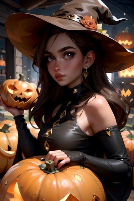 (masterpiece, best quality, sfw, by Sasha Khmel), 1girl, detailed eyes, long dark brown hairs, witch outfit, pumkins, <lora:Sasha_Khmel_style_v1:0.9>