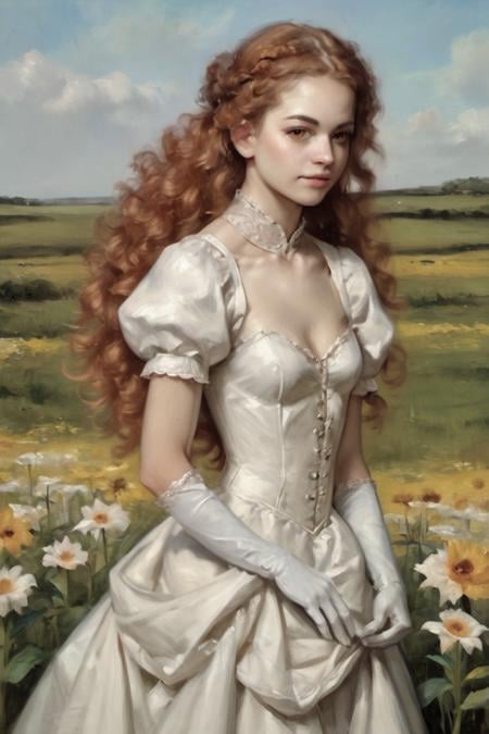 score_9, score_8_up, score_7_up, rating_safe, oil painting, traditional media, realistic, 1girl, solo, long hair, curly hair, wavy hair, orange hair, orange eyes, looking at viewer, breasts, dress, white dress, puffy sleeves, puffy short sleeves, short sleeves, gloves, elbow gloves, white gloves, cowboy shot, closed mouth, standing, outdoors, field, flower, grass, plant, sky <lora:Cold Oil Style SDXL_LoRA_Pony Diffusion V6 XL:1>