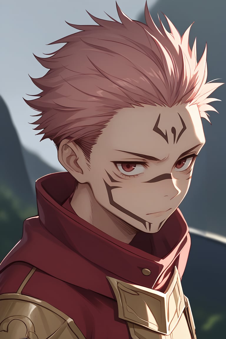 Score_9,score_8_up,score_7_up,Highly detailed, masterpiece, high quality, beautiful, high resolution, good details,1boy,solo,boy focus,sukuna, pink hair, red eyes, facial tattoo,cowboy shot, annoyed, looking at viewer<lora:EMS-463168-EMS:0.800000>