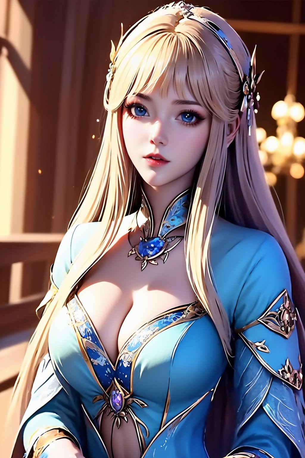 1girl, breasts, solo, blue eyes, long hair, dress, large breasts, cleavage, blue dress, parted lips, brown hair, upper body, blurry background, blurry, lips, braid, long sleeves, parted bangs, indoors, gem, cleavage cutout, center opening, looking to the side, tiara, clothing cutout, jewelry, hairband, makeup, very long hair, looking afar, hair ornament, depth of field, eyelashes, realistic, plunging neckline, blonde hair