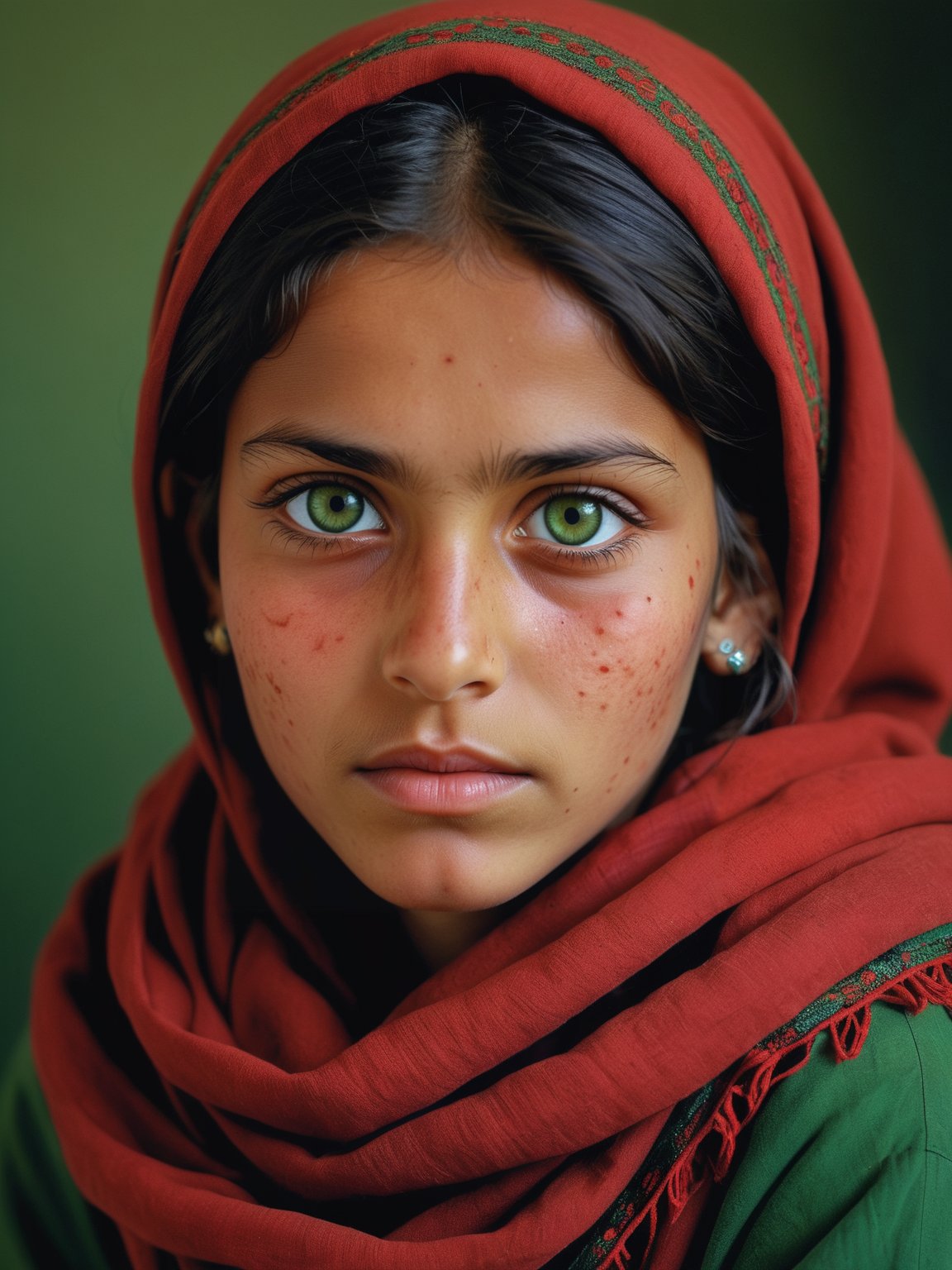 realistic photograph, nobel prize, portrait of an afghan girl with piercing green eyes, wearing a red scarf, looking at viewer, highly detailed, skin pores, detailed skin, national geopgraphic, dark and gritty, sitting, looking to the side at viewer, turning head, gritty, film grain, 