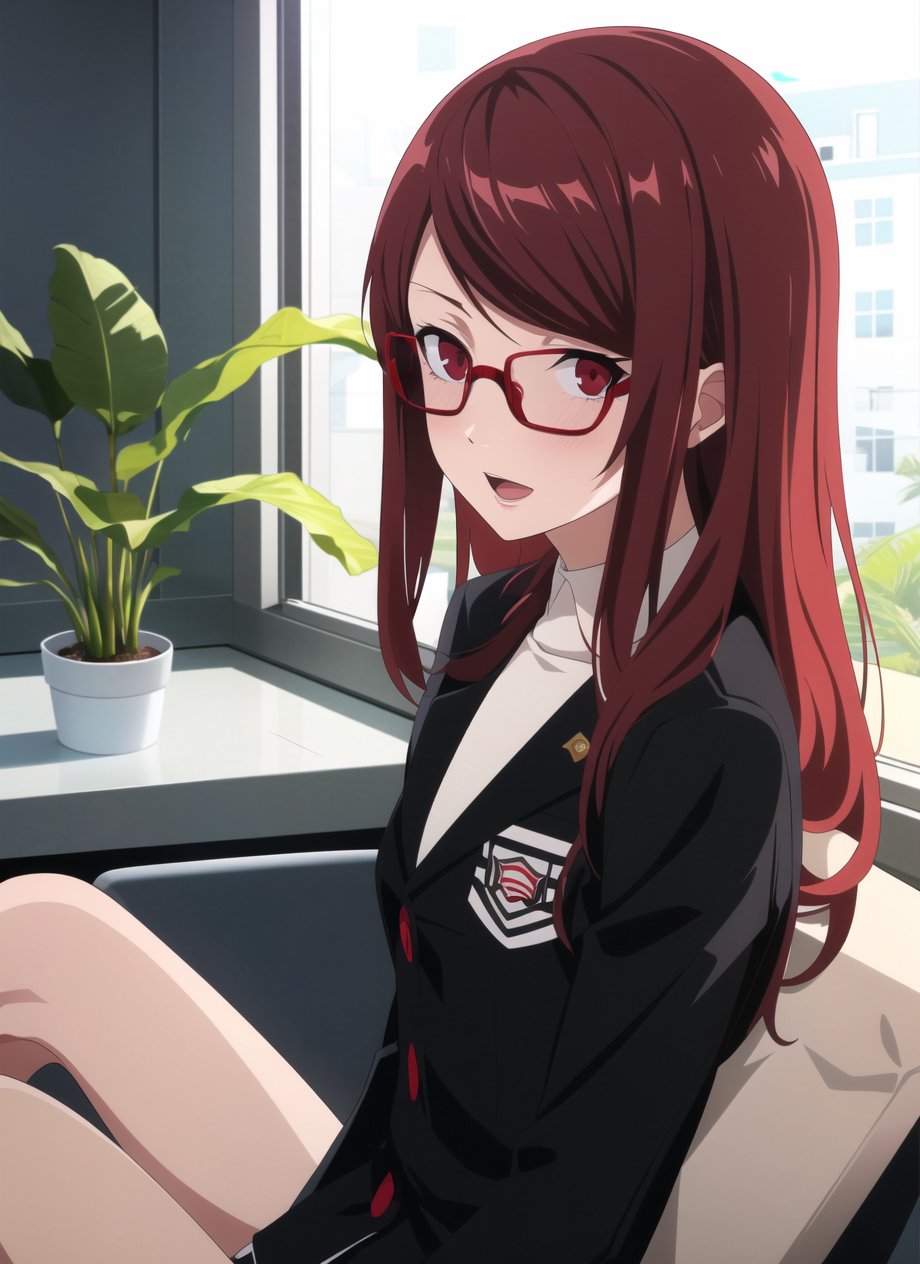 persona5 anime style,  portrait of dskasumi,  yoshizawa kasumi, 1girl, backlighting, black-framed eyewear, black jacket, blush, book, breasts, chair, glasses, jacket, long hair, long sleeves, looking at viewer, open mouth, plant, potted plant, red eyes, red hair, school uniform, shuujin academy school uniform, sitting, small breasts, solo, swept bangs, window, ((masterpiece)) <lora:dskasumi_e4:0.75>   <lora:persona5_anime_style_offset:1>