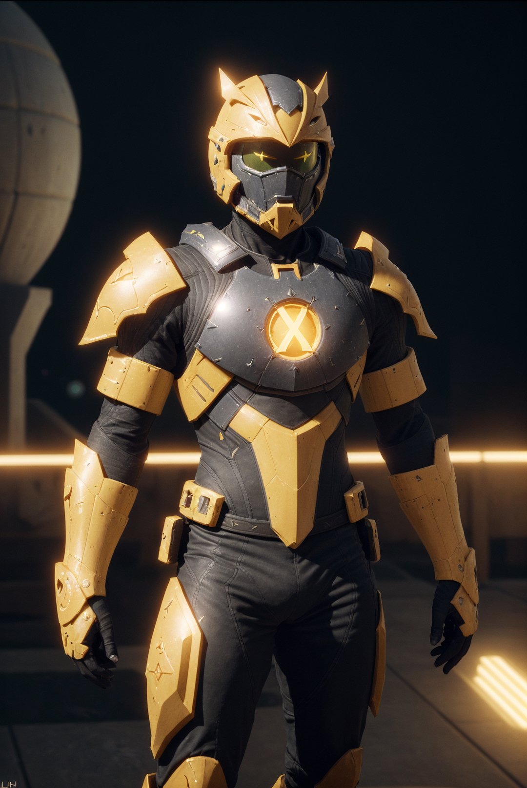 Grumpy Ivorian [spearmint:muskmelon:5], anthropomorphic reimagined as a Destiny game character, yellow plate armor, helmet, manly, at Dusk, deep focus, angry, (X symbol:1.11), Lens Flare, extremely hyper aesthetic, (sfw) <lora:picxer_real:0.5>, epic realistic, hyperdetailed, (cycles render:1.3), caustics, (glossy:0.58), (artstation:0.82), (intricate details:0.9), (hdr, hyperdetailed:1.2)