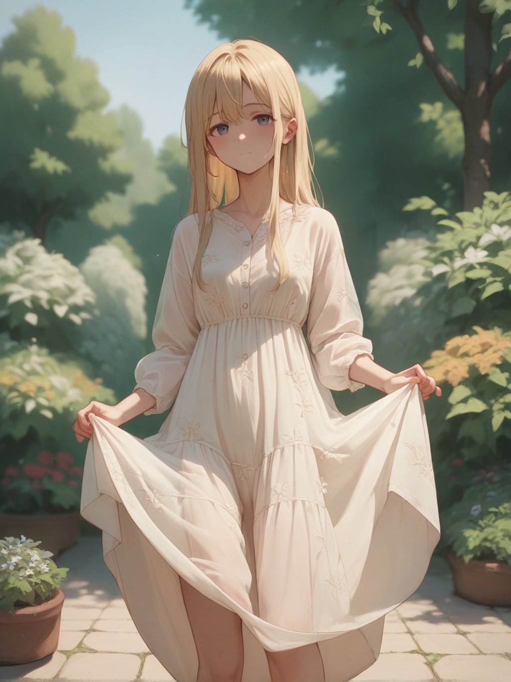 score_9, score_8_up, score_7_up, score_6_up, source_anime, <lora:linen_dress_v0.1-pony:1> 1girl, long hair, blonde hair,  linen dress, dress lift, blurry background, garden, tree, see-through, looking at viewer, cowboy shot, 