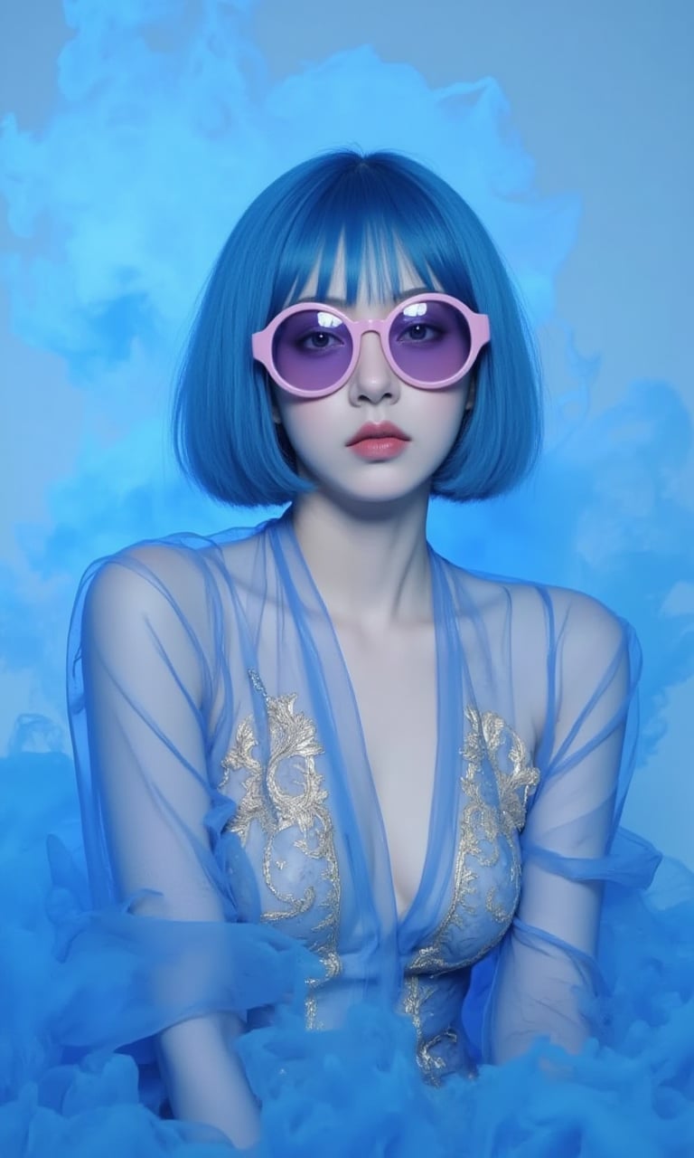 This is a real high-definition photo,The image features a person with a striking appearance, characterized by a vibrant blue bob haircut and wearing large, round pink sunglasses with purple lenses. The subject's expression is neutral, and they are dressed in a sheer, blue garment adorned with intricate gold embroidery. The background is a soft, matching blue, with wisps of blue smoke or fabric adding a dreamy, ethereal quality to the scene. The overall color palette is dominated by shades of blue, creating a cohesive and visually captivating composition. The interplay between the subject's bold fashion choices and the soft, flowing background elements suggests a theme of modern, avant-garde style.",