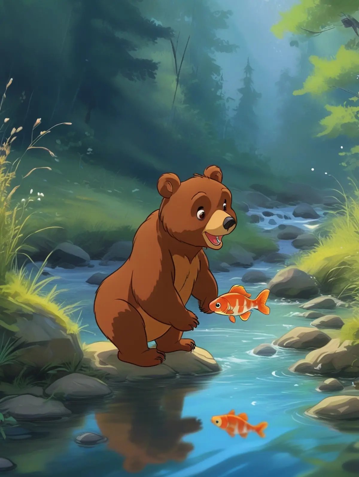 a cute little bear is catching fish by the stream,cartoon,<lora:J_cartoon:0.8>,j_cartoon,