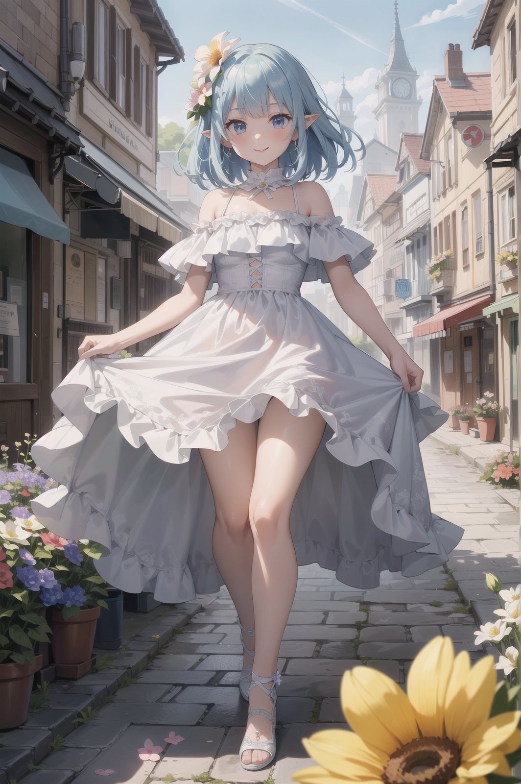 masterpiece, (best quality, ultra-detailed:1.6), (ultra high res:1.5),super fine (anime),(sharp focus), (insanely detailed:1.3),detailed face,(perfect anatomy), delicate (cel animation), 1 cute girl,(cute face:1.1),pointy ears,kindly smile,(flower blooming town:1.3),full body,in fantasy world,no holding,full body,outdoor,beautiful ruffle dress, Medium shot