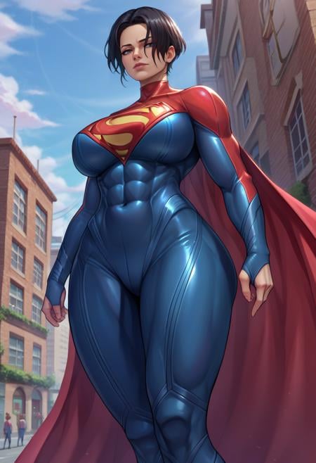 score_9,score_8_up,score_7_up,score_9,score_8_up,score_8,ultra detailed,beautiful face,detailed background,detailed face,4k,HD,8k,highres,antialiasing,detailed,texture BREAK <lora:supergirl:0.8>,SupergirlSC,1girl,short hair,large breasts,black hair,thighs,cape,bodysuit,covered navel,solo,muscular,thick thighs,skin tight,mature female,muscular female,red cape,superhero,blue bodysuit,cowboy shot,street background,street,cowboy shot,from below,