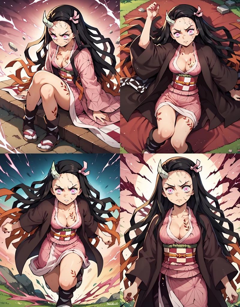 <lora:NezukoKamadopony-10:1> NezukoAdult, kamado nezuko, medium breasts, adult, 1girl, very long hair, black hair, hair ribbon, horns,  pink eyes, demon girl, single horn, veins, cracked skin,  cleavage, black haori, obi, pink kimono, checkered sash, __femalePosesWildcard400_v10/female-poses__,, score_9, score_8_up, score_7_up, score_6_up, score_5_up, score_4_up,