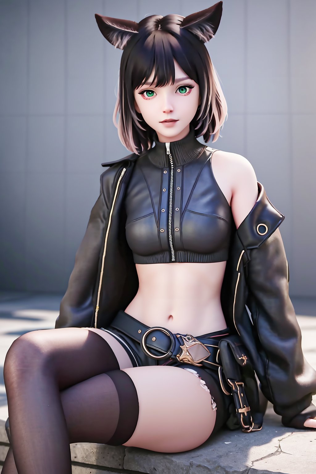 (best quality,masterpiece:1.2),ultra detailed,8k,RAW photo,realistic,photorealistic,ultra-detailed,intricate detail,extremely detailed,delicate pattern,looking at viewer,<lora:C_黑桃_AUG:0.7>,1girl,solo,ht,animal ears,short hair,black hair,bangs,green eyes,necklace,black jacket,crop top,open jacket,zipper,pouch,open clothes,sleeves past wrists,long sleeves,off shoulder,fingerless gloves,midriff,navel,black shorts,belt,tr,black thighhighs,torn thighhighs,sitting,(crossed legs:1.1),