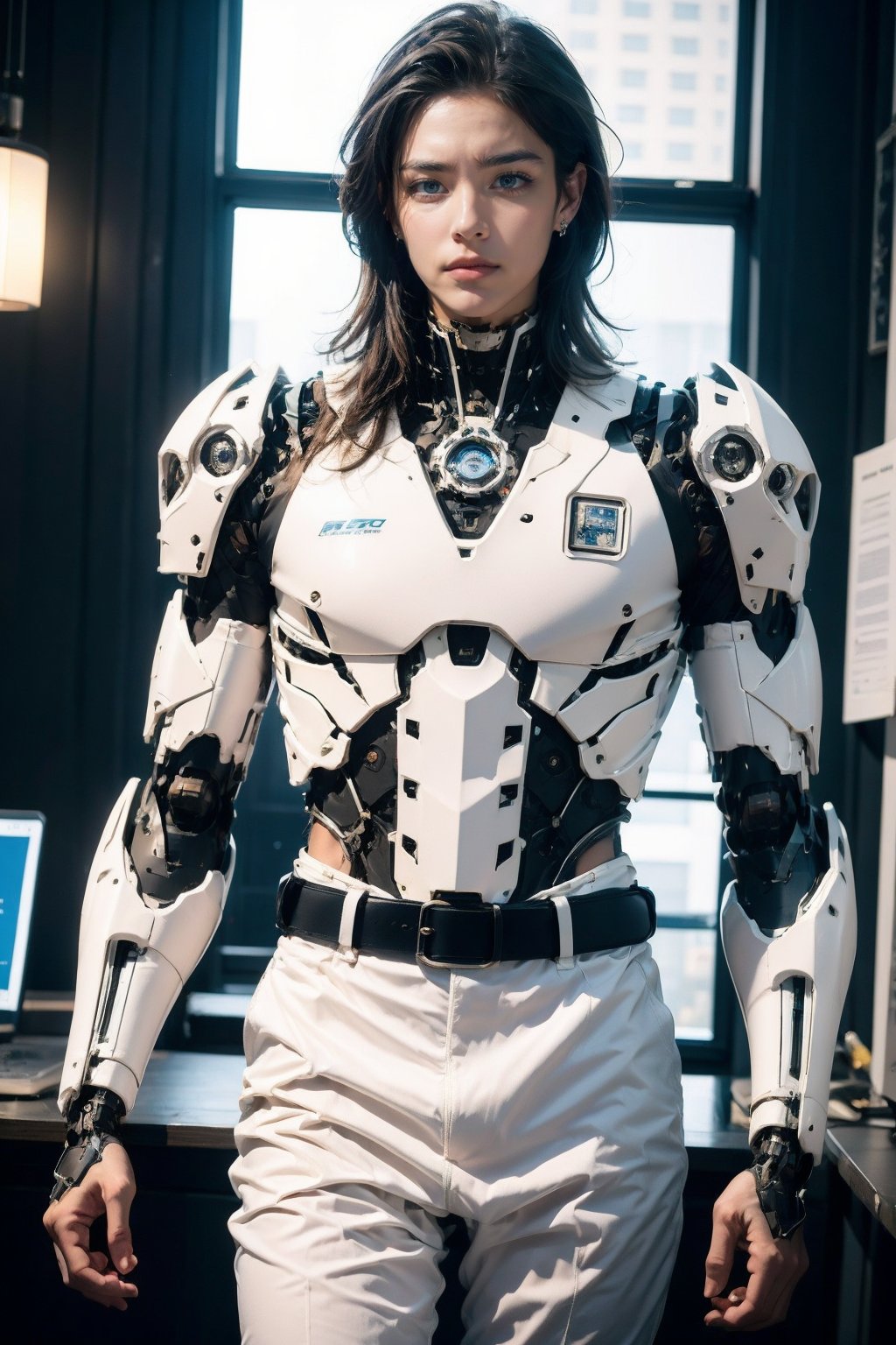 <lora:AgainRealistic_v2.0:0.8>, AgainRealistic_v2.0, solo, male focus, 1girl, realistic, mechanical arms, indoors, long hair, looking at viewer, jacket, shirt, single mechanical arm, prosthesis, black hair, skirt, earrings, jewelry, brown hair, belt, suit, closed mouth, prosthetic arm, cyborg, science fiction, blue eyes, white jacket, computer, lips, window, formal, standing, blurry background, black pants, cyberpunk, blurry, scar, laptop