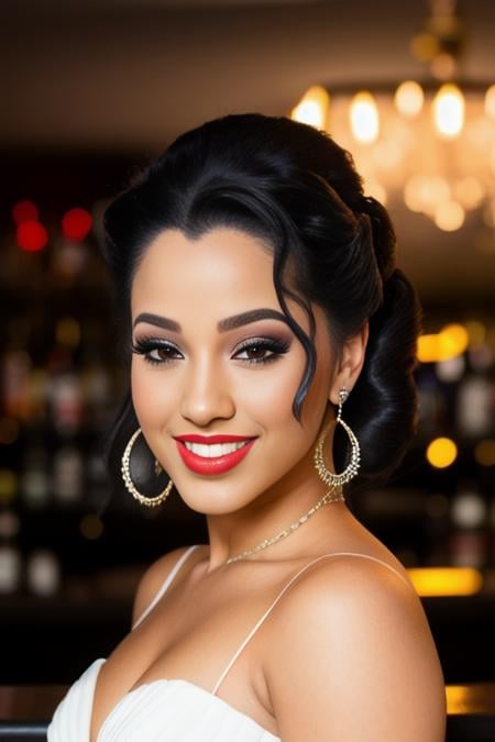 portrait photo of Abella beautiful woman hair updo upsweep nightclub sitting at bar (masterpiece)red lips, smile (best quality) (detailed) (8k) (HDR) (wallpaper) (cinematic lighting) (sharp focus) (intricate)  <lora:Abella:0.9>