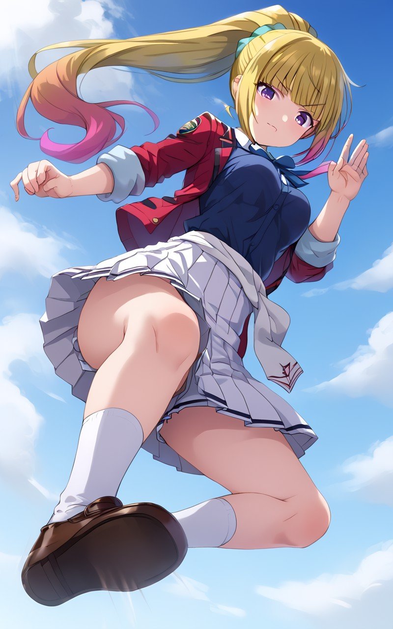 <lora:_sdxl-jumpinkick-pony:0.8> jumpinkick, jumping, from below, foot focus POV, sky, florting hair, speed lines, motion blur, battlesuit 1girl, <lora:sdxl-yoji-karuizawa-pony:0.6> karuizawa kei, clear violet eyes, medium breasts, slender, skindentation, gradient hair [ yellow:turquoise:0.8 ] hair, very long hair, shiny hair, sidelocks. blunt bangs, highponytail, head_scrunchie +++ bloomers  sleeves rolled up light skyblue school shirt, white skirt pleated skirt, darkblue bowtie, around waist a red jacket, navy socks, Loafers 