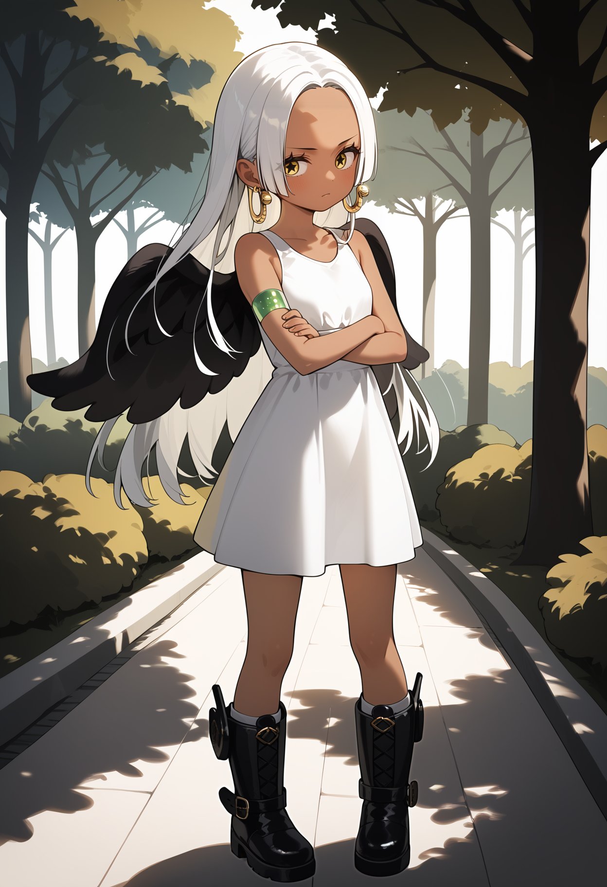 score_9, score_8_up, score_7_up, score_6_up, score_5_up, score_4_up, source_anime, aasnake, long hair, white hair, dark skin, earrings, yellow eyes, symbol-shaped pupils, black wings, small breasts. sundress, white dress, sleeveless, armlet, <lora:s-snake_ponyxl_v1:0.9>, crossed arms, full body, park, standing, black footwear, knee boots,