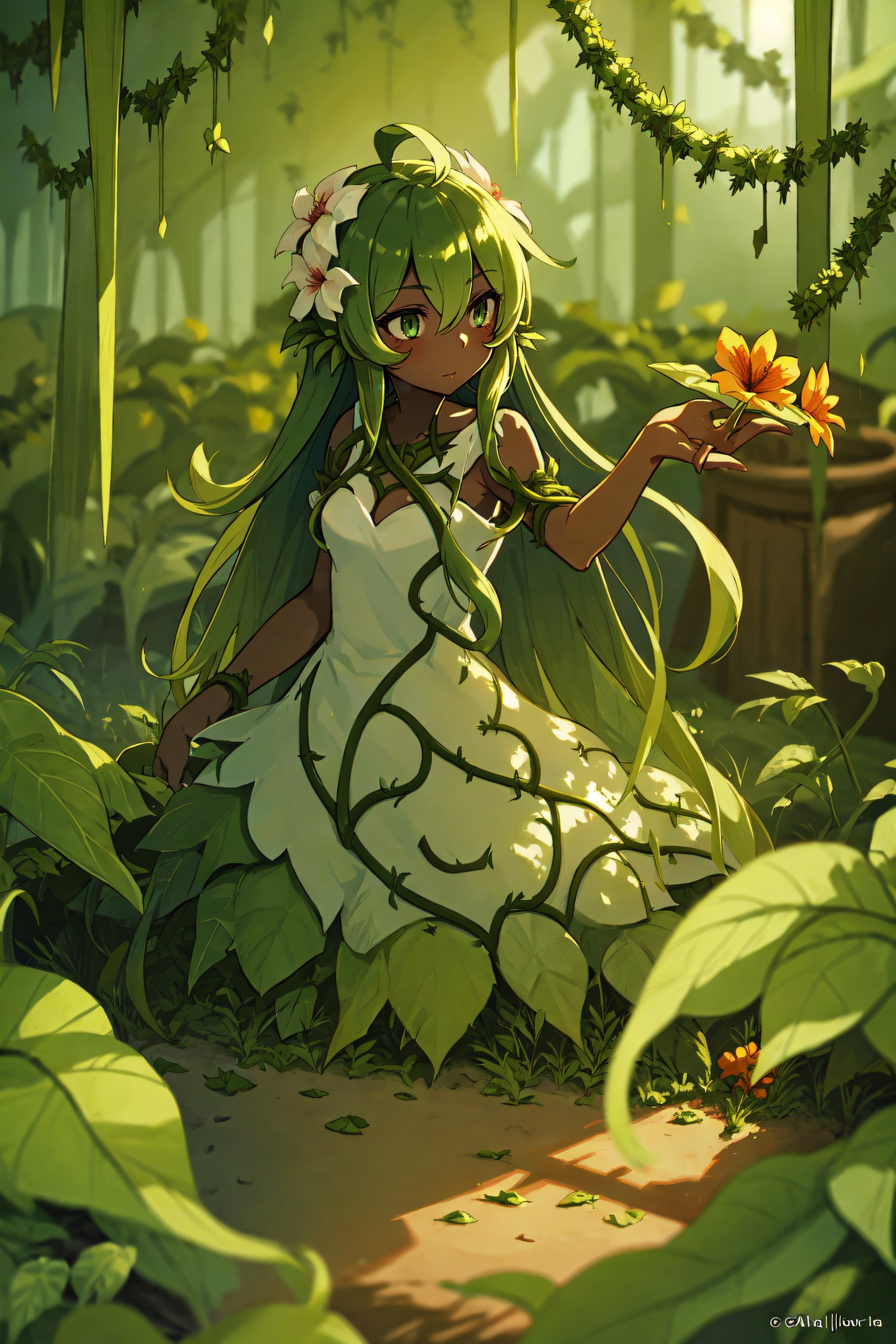 1girl, dark skin, alraune, alraune \(monster girl encyclopedia\), nectar,flower,   vines,  full body, Original Character, Volumetric Lighting, Best Shadows, Shallow Depth of Field, Stunningly Beautiful Girl, Delicate Beautiful Attractive Face