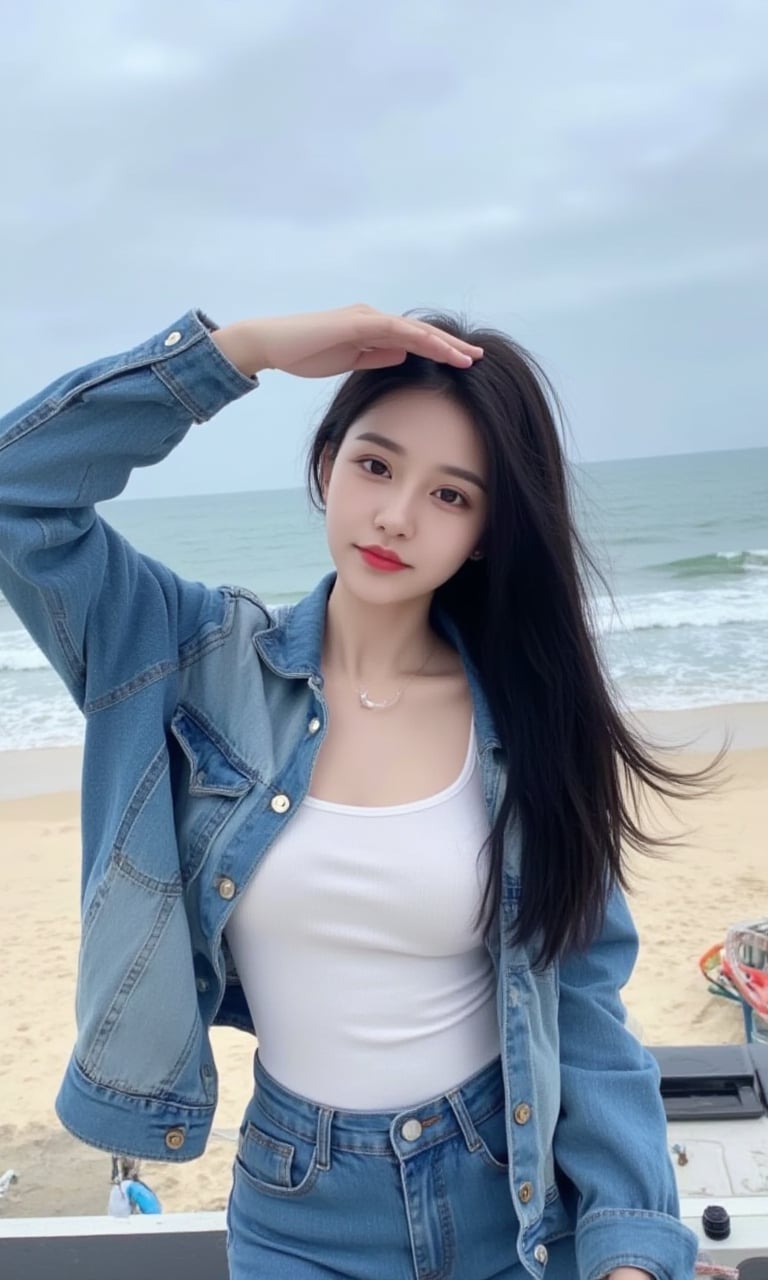 This is a real high-definition photo,This is a high-resolution, casual half-body portrait photo. The subject of the photo is a young woman wearing a white tank top and a denim jacket, with the sleeves of the jacket rolled up. She has black hair that falls over her shoulders. Her right hand is raised, shielding it from the sun, as if she is enjoying the seaside view. The background shows a beach and the ocean, with waves crashing against the shore and a small boat moored on the beach.